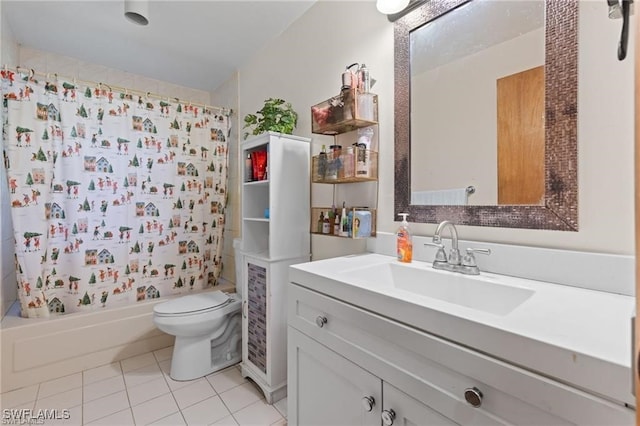 full bathroom with tile patterned flooring, vanity, toilet, and shower / bathtub combination with curtain