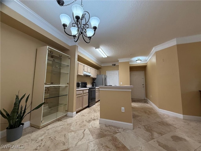 kitchen with ornamental molding, a textured ceiling, decorative light fixtures, stainless steel appliances, and a chandelier