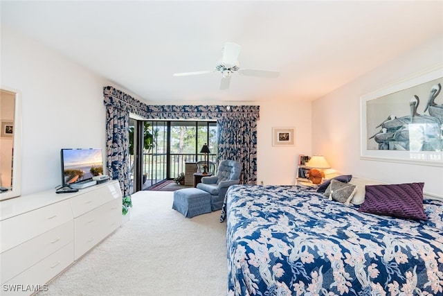 bedroom featuring access to outside, ceiling fan, and light carpet