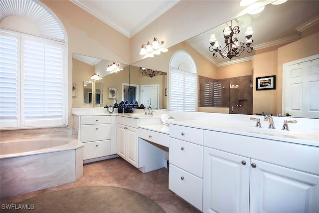 bathroom featuring an inviting chandelier, tile patterned flooring, shower with separate bathtub, vanity, and ornamental molding