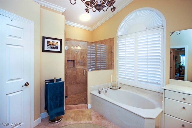 bathroom featuring tile patterned floors, an inviting chandelier, shower with separate bathtub, and vaulted ceiling