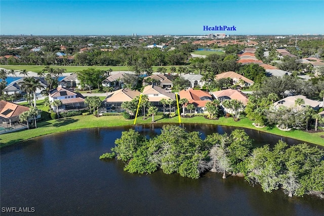 bird's eye view with a water view