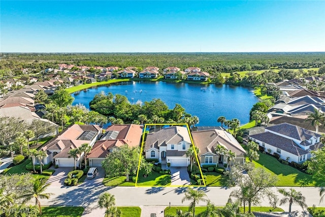 bird's eye view with a water view