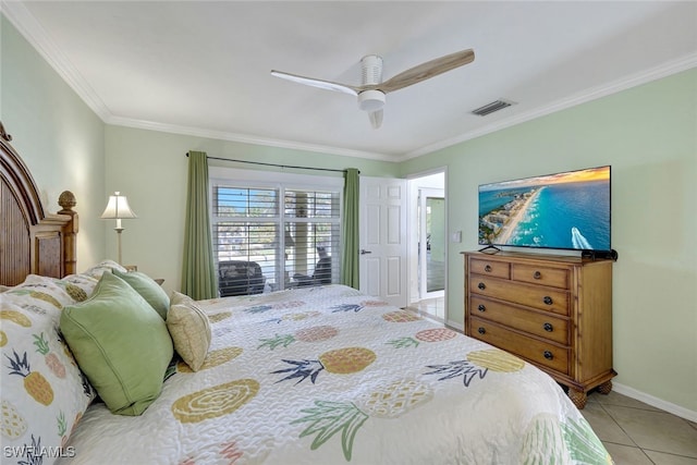 bedroom featuring ceiling fan, light tile patterned flooring, and crown molding