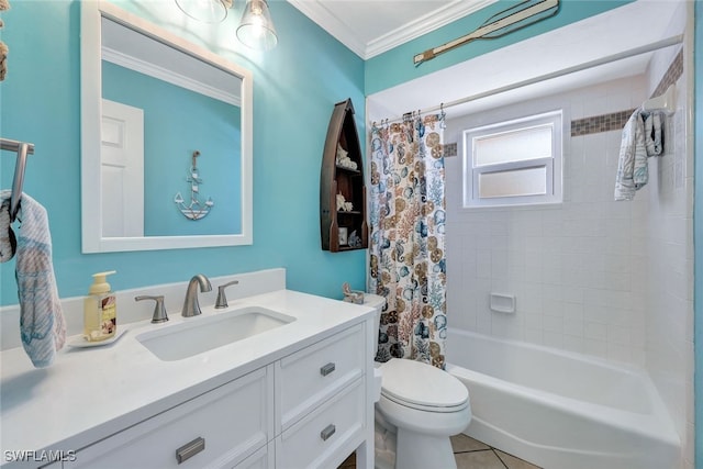 full bathroom with vanity, shower / tub combo with curtain, crown molding, tile patterned flooring, and toilet