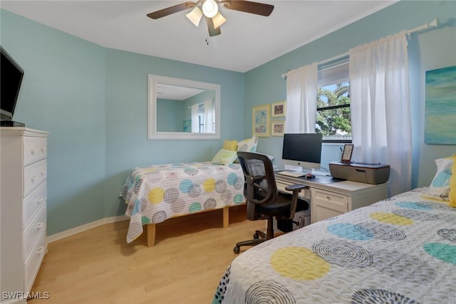 bedroom featuring light wood-type flooring and ceiling fan