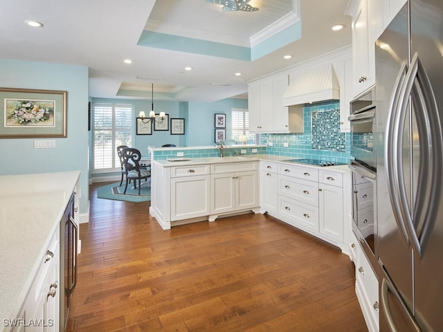 kitchen with a raised ceiling, dark wood-type flooring, and appliances with stainless steel finishes