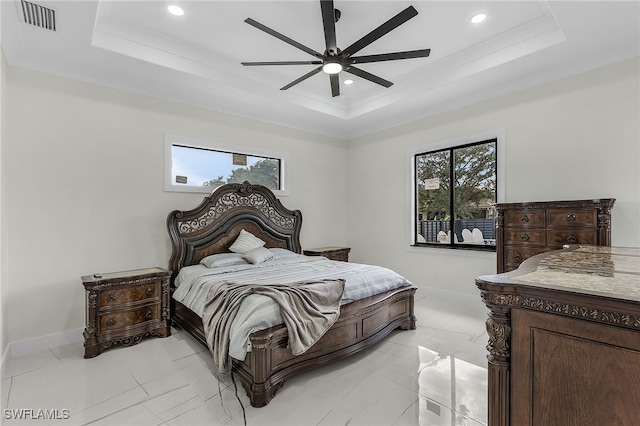 bedroom featuring a tray ceiling and ceiling fan