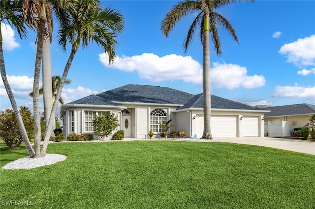 2819 SW 37th Ter, Cape Coral, FL 33914 - view of front of property featuring driveway, an attached garage, a front lawn, stucco siding, and a shingled roof