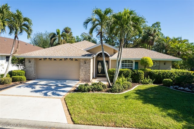 ranch-style house featuring a front lawn and a garage