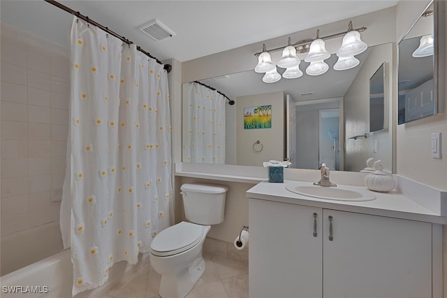 full bathroom with toilet, shower / bath combo with shower curtain, vanity, and tile patterned flooring