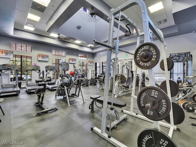 workout area with a towering ceiling