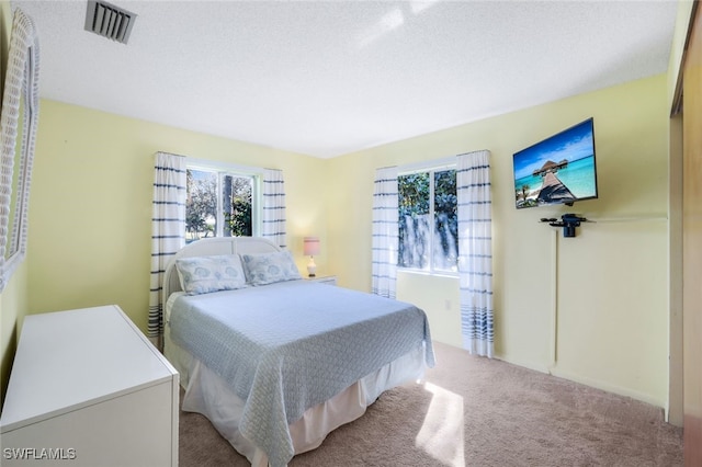 bedroom featuring light carpet and a textured ceiling