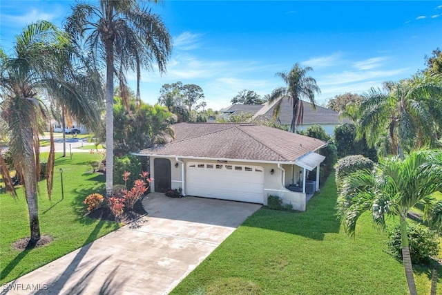 ranch-style house featuring a garage and a front lawn