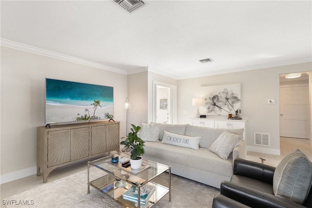 living room with ornamental molding