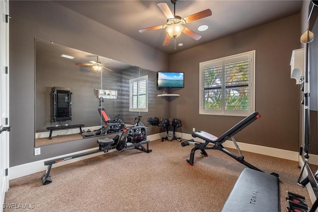 workout room with ceiling fan