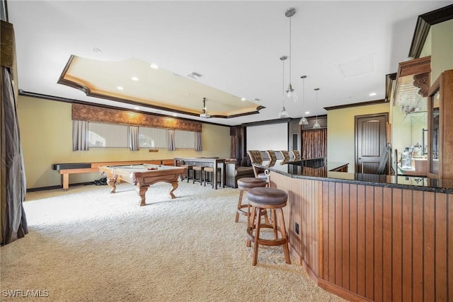 game room featuring light carpet, a raised ceiling, crown molding, and pool table