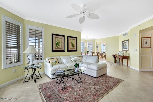 tiled living room featuring ceiling fan and ornamental molding