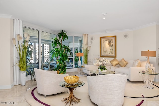 living room featuring ornamental molding and light tile patterned floors