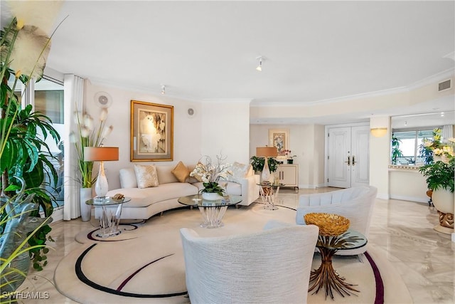 4021 Gulf Shore Blvd N Unit 903, Naples, FL 34103 - living room featuring ornamental molding and marble tiled flooring