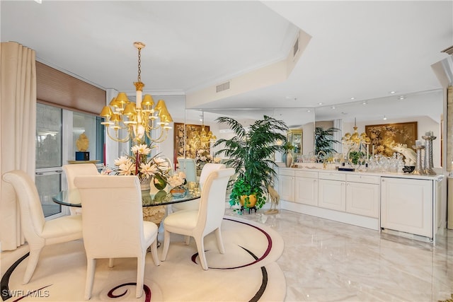 dining space with a notable chandelier and ornamental molding