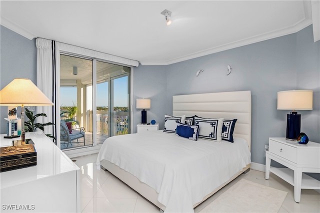 bedroom with access to outside, crown molding, and light tile patterned flooring