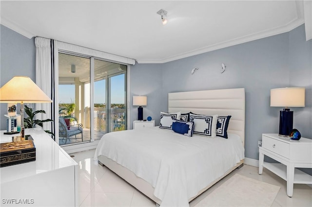 4021 Gulf Shore Blvd N Unit 903, Naples, FL 34103 - bedroom with access to outside, light tile patterned flooring, and crown molding