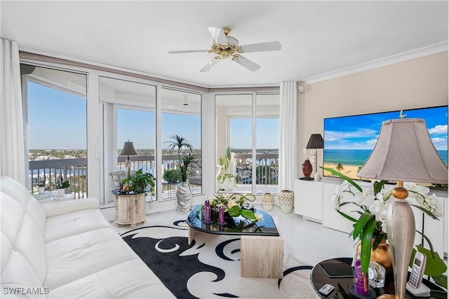 4021 Gulf Shore Blvd N Unit 903, Naples, FL 34103 - living room featuring ceiling fan and crown molding
