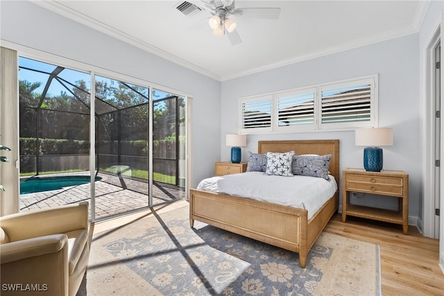 bedroom with access to outside, ceiling fan, crown molding, and light hardwood / wood-style floors