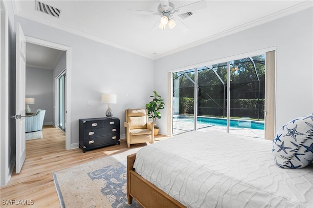 bedroom featuring access to exterior, wood-type flooring, ceiling fan, and crown molding