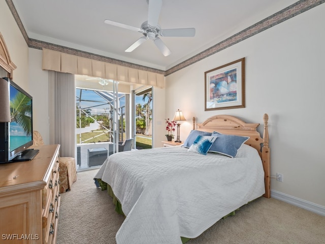 bedroom featuring ceiling fan, access to exterior, ornamental molding, and light carpet