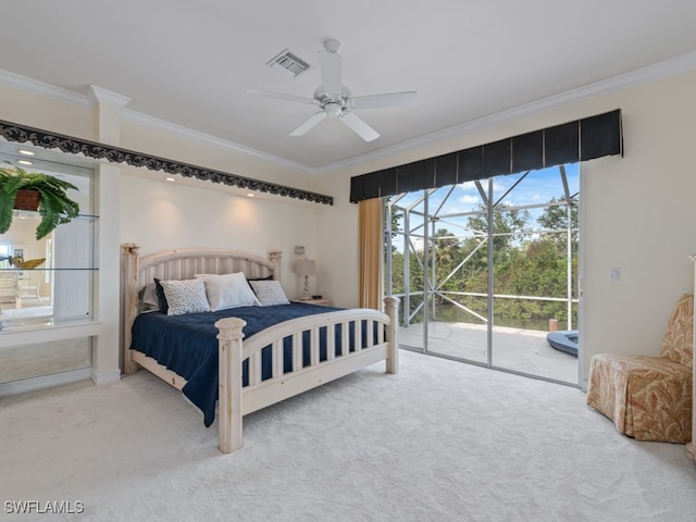 carpeted bedroom featuring ceiling fan, access to exterior, and crown molding