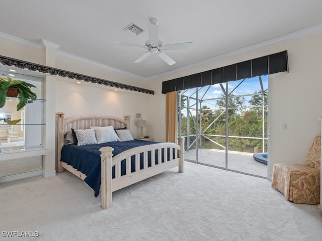 bedroom featuring visible vents, a ceiling fan, access to outside, crown molding, and carpet floors