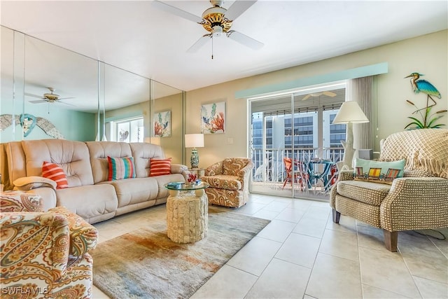 tiled living room featuring ceiling fan