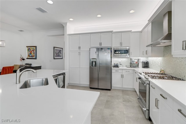 kitchen featuring white cabinets, wall chimney exhaust hood, sink, and appliances with stainless steel finishes