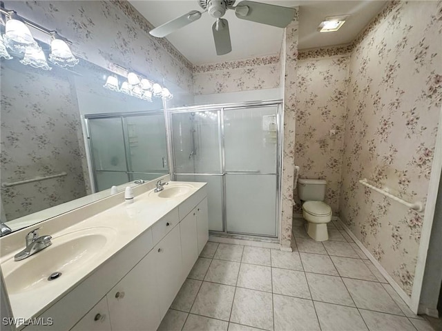 bathroom featuring an enclosed shower, tile patterned floors, and toilet