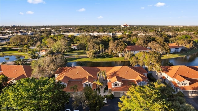 drone / aerial view featuring a water view