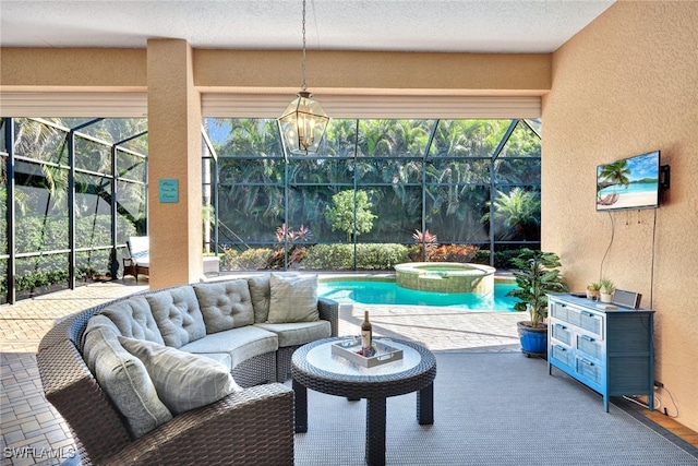 5620 Hammock Isles Dr, Naples, FL 34119 - view of patio featuring glass enclosure, an outdoor living space, and a pool with connected hot tub