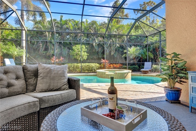 5620 Hammock Isles Dr, Naples, FL 34119 - view of patio with glass enclosure, a pool with connected hot tub, and an outdoor living space