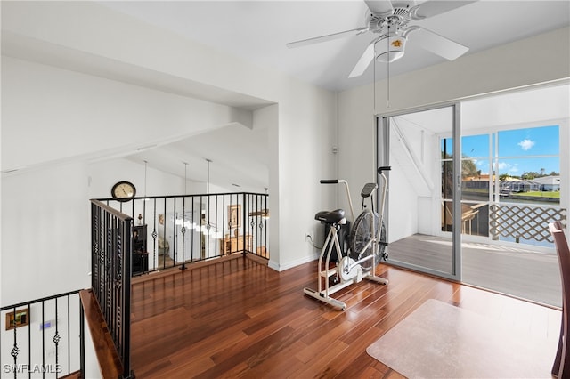 workout area with hardwood / wood-style flooring and ceiling fan