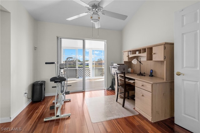 office area featuring ceiling fan and dark hardwood / wood-style floors