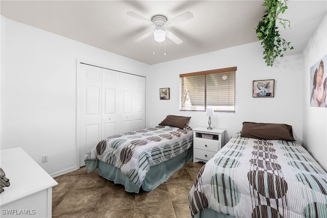 bedroom featuring ceiling fan and a closet