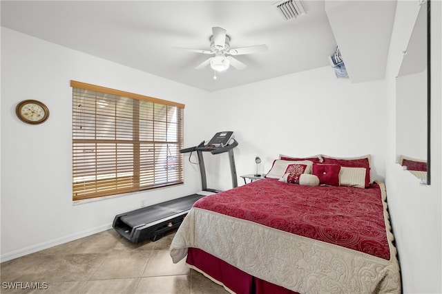 bedroom featuring ceiling fan and light tile patterned flooring