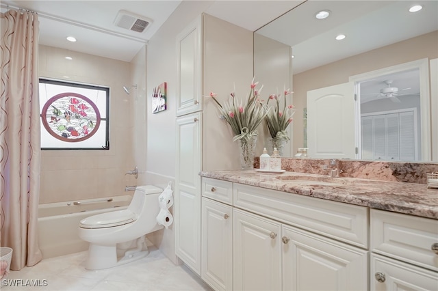 full bathroom with vanity, ceiling fan, toilet, and shower / bathtub combination with curtain