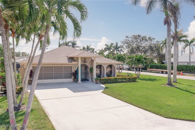 mediterranean / spanish-style home featuring a front yard and a garage