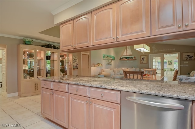 kitchen with dishwasher, french doors, light stone countertops, and ornamental molding