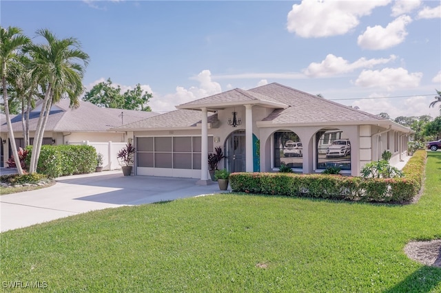 mediterranean / spanish-style home featuring a front yard and a garage