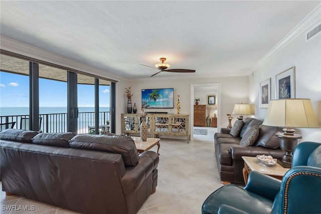 living room featuring french doors, a water view, crown molding, ceiling fan, and light tile patterned flooring