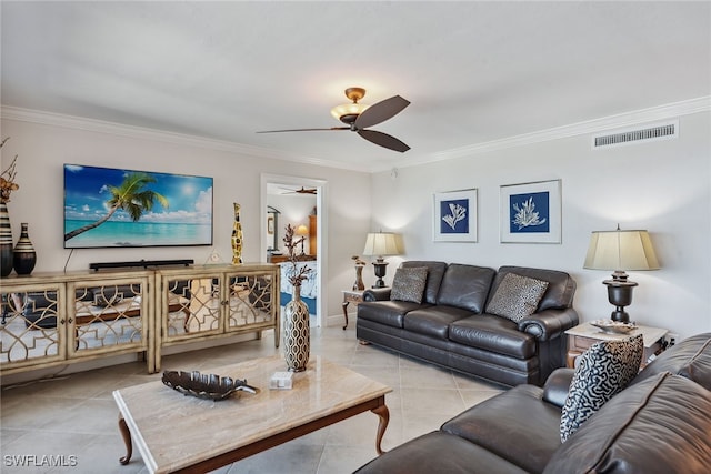 tiled living room with crown molding