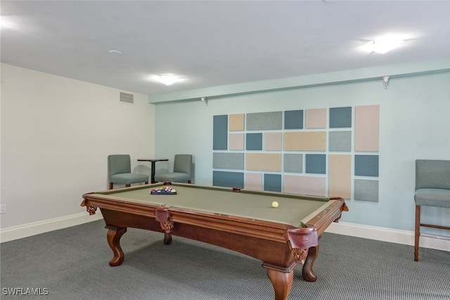 game room with dark carpet and billiards